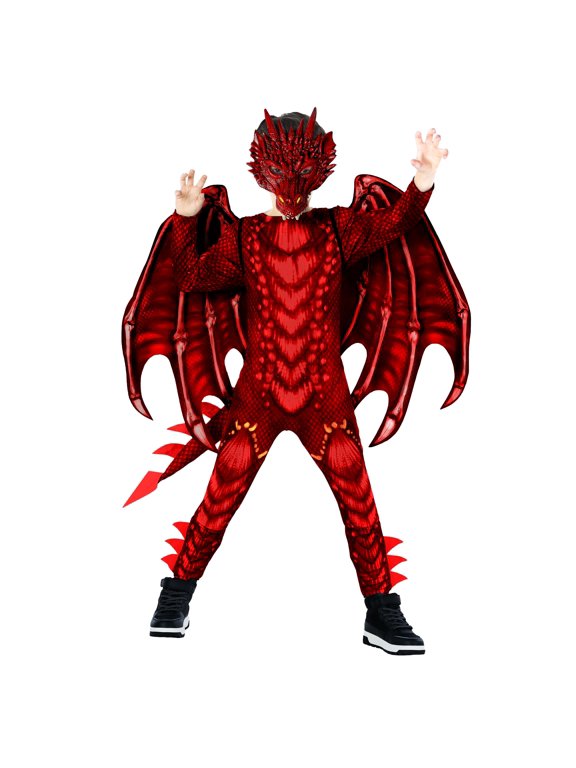 Deluxe Boys Red Dragon Costume with Wings Mask Kids Halloween Suit Halloween Red XL