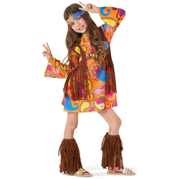 Morph Girls 1970s Hippie Costume Kids Hippy Fancy Dress Flower Child Halloween Multi-color L