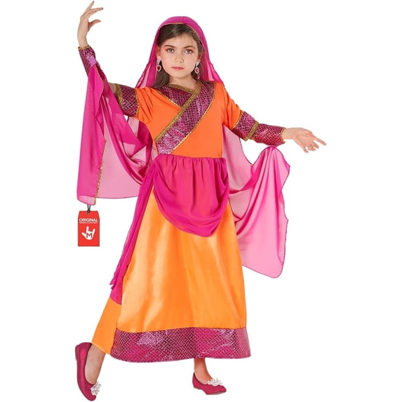 Morph Girls Bollywood Sari Costume with Veil Kids Indian Belly Dancer Fancy Dress Halloween Orange L