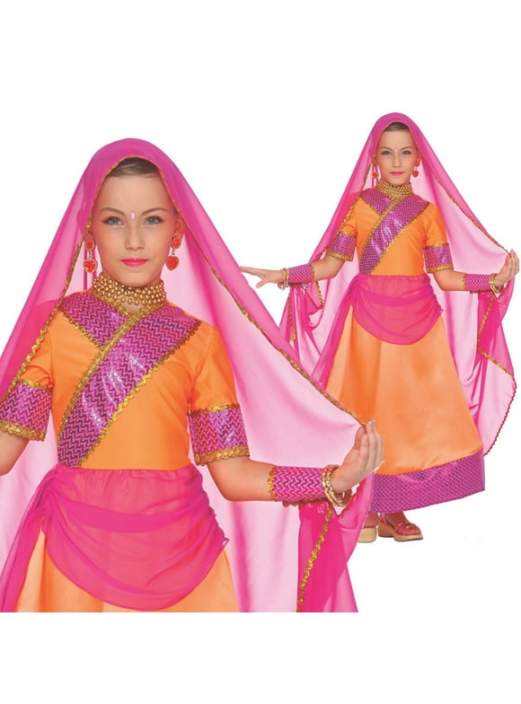 Morph Girls Bollywood Sari Costume with Veil Kids Indian Belly Dancer Fancy Dress Halloween Orange L