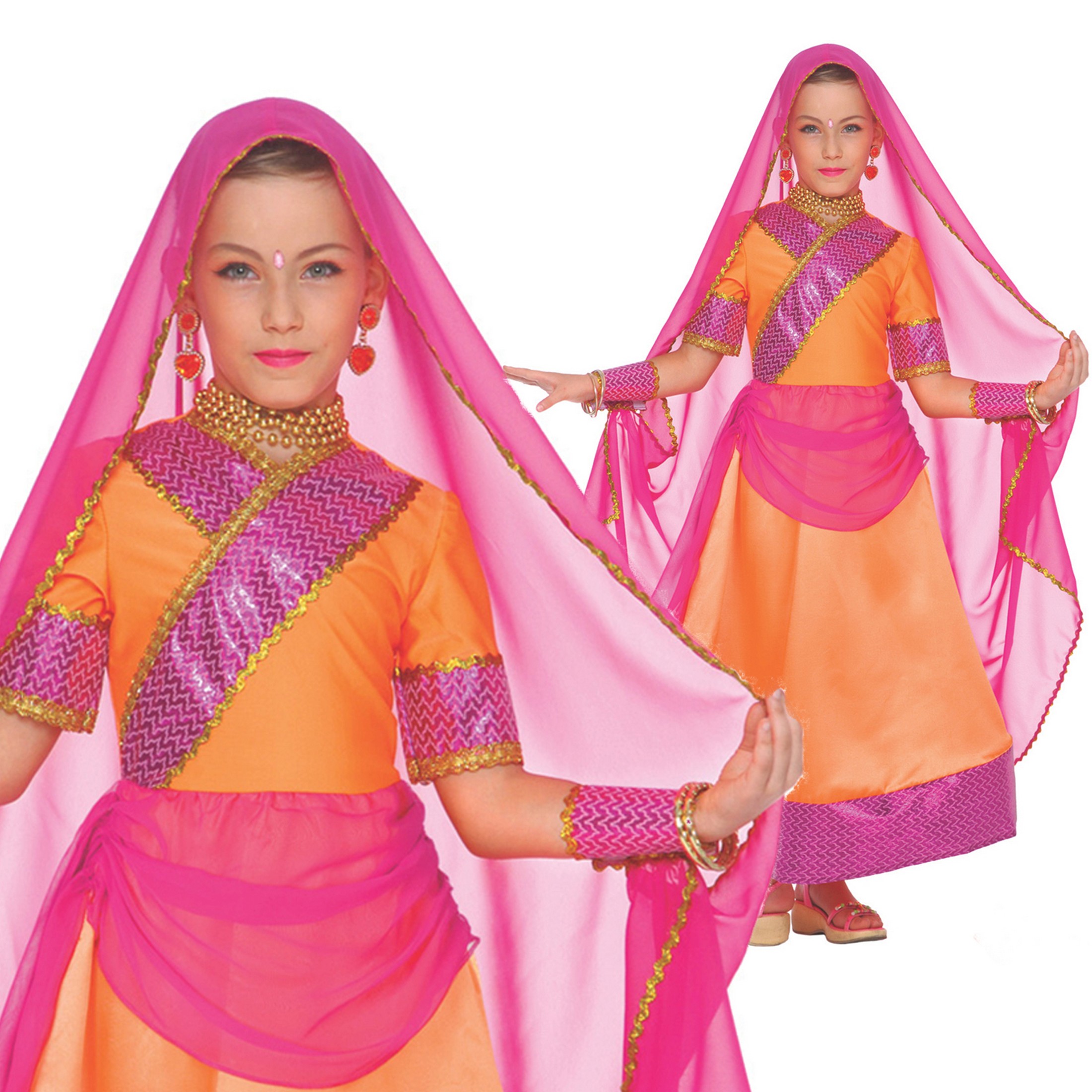 Morph Girls Bollywood Sari Costume with Veil Kids Indian Belly Dancer Fancy Dress Halloween Orange S - image 1 of 3