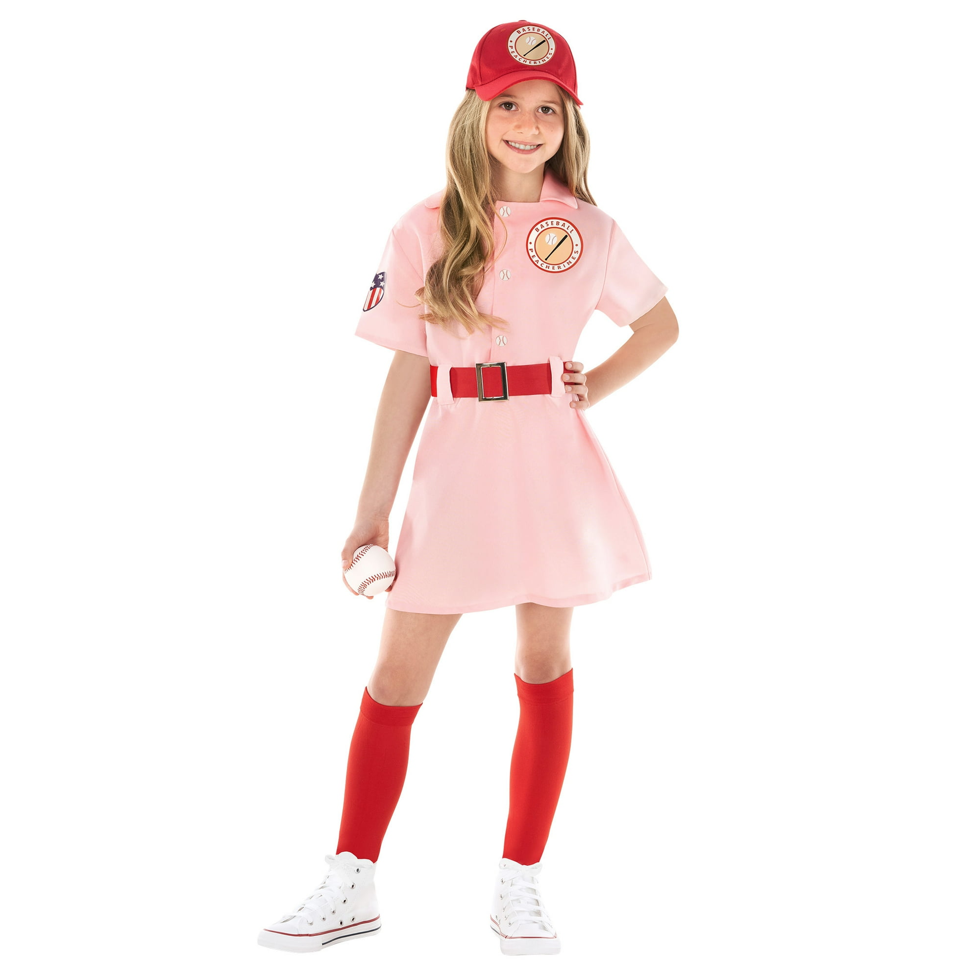 Morph Girls Pink Baseball Player Costume Hat Socks Kids League Dress Halloween  Halloween Pink L 