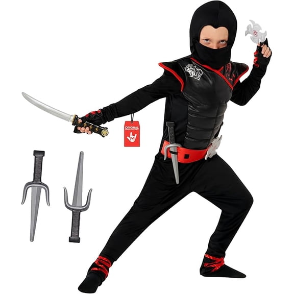 Morph Kids Black Ninja Costume Toys Boys Girls Samurai Warrior Book Week Theme Party Red/Black S