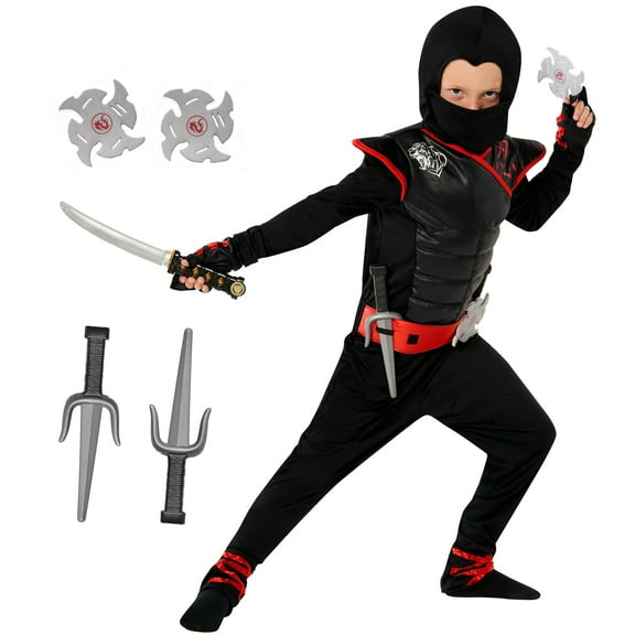 Morph Kids Black Ninja Costume Toys Boys Girls Samurai Warrior Book Week Theme Party Red/Black T2