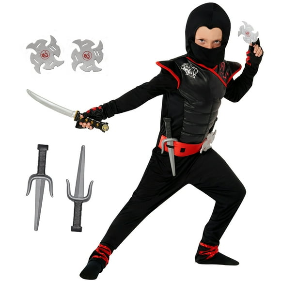 Morph Kids Black Ninja Costume Toys Boys Girls Samurai Warrior Book Week Theme Party Red/Black T2