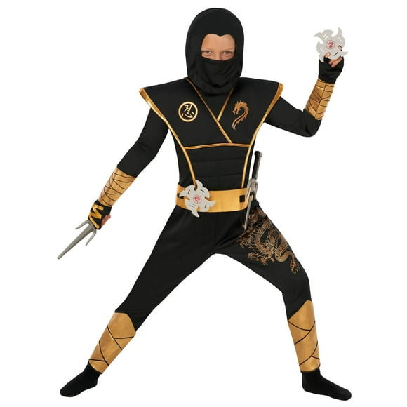 Morph Kids Deluxe Black Gold Ninja Costume Toys Swords Boys Girls Warrior Halloween Halloween Gold L