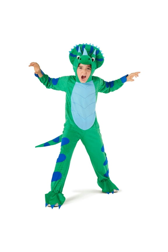 Kids Triceratops Costume Boys Girls Dinosaur Dino Jumpsuit Fancy Dress Halloween Green S