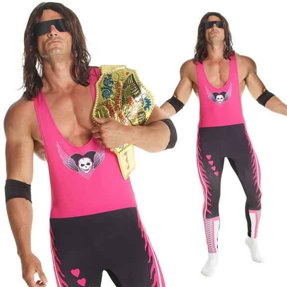 Morph Licenced Mens WWE Bret the Hitman Hart Costume Wig Adult Wrestling Halloween Pink XL