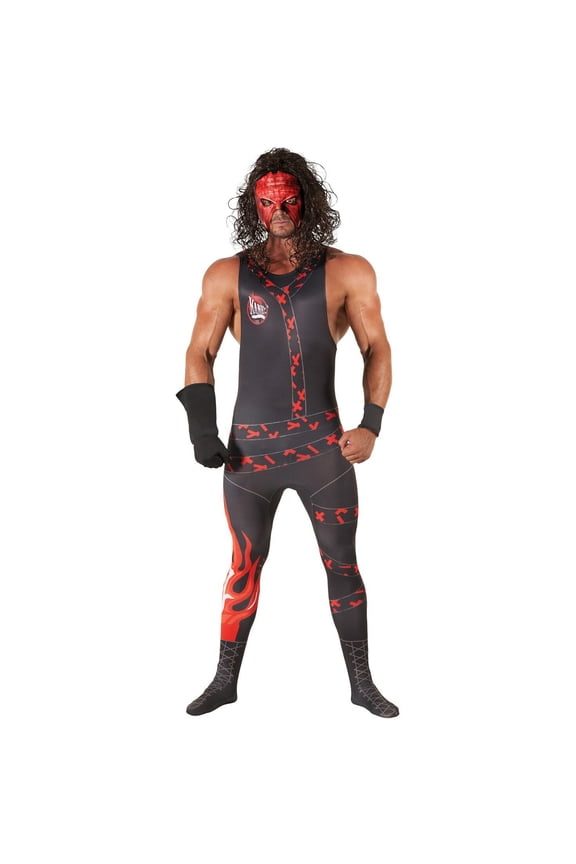 Licenced Mens WWE Classic Kane Costume Wig Adult Wrestling Wrestler Halloween Black XL