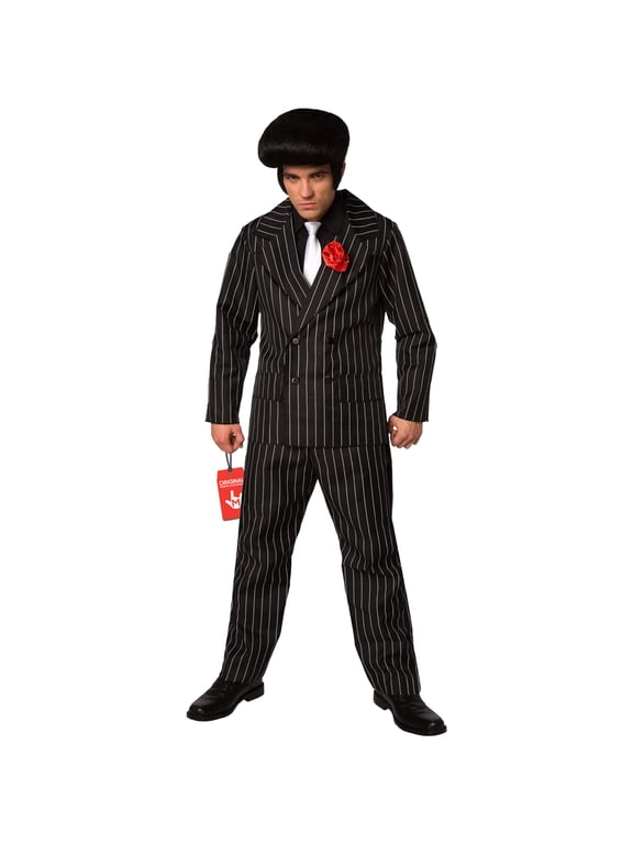 Men's 1920s Gangster Costume, Pinstripe Mafia Boss Halloween Suit, Black, Large