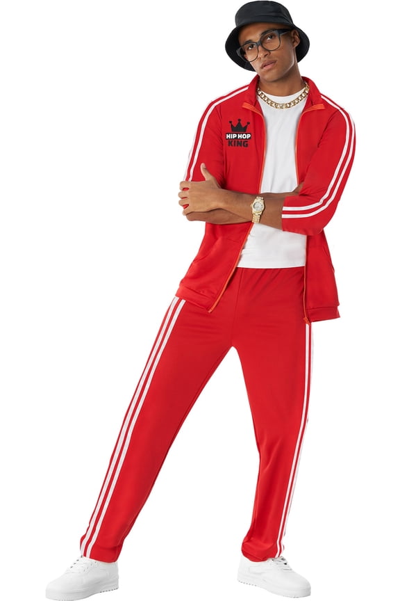Mens 1980s Red Rapper Costume Boombox Adult 90s Hip Hop Tracksuit Halloween Red Standard