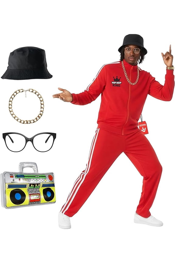 Mens 1980s Red Rapper Costume Boombox Adult 90s Hip Hop Tracksuit Halloween Red Standard