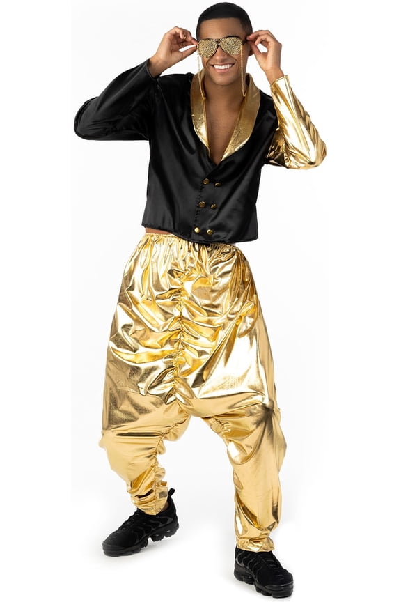 Mens 1990s Gold Rapper Costume Adult Rap MC Fancy Dress Party Multi-color L