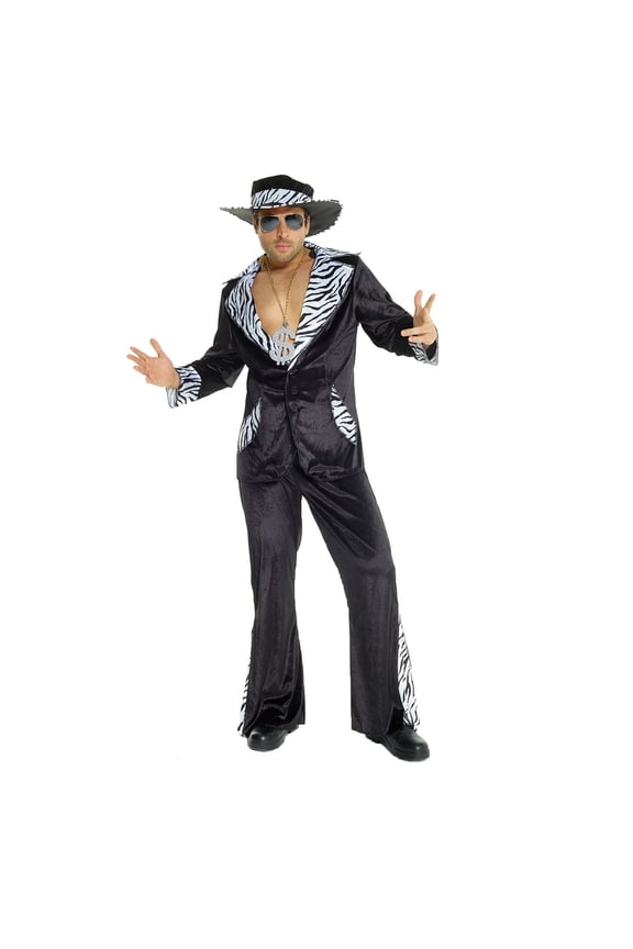 Mens Black 70's Fancy Dress Costume Hat 1970s Velvet Suit Guys Party Halloween Black L