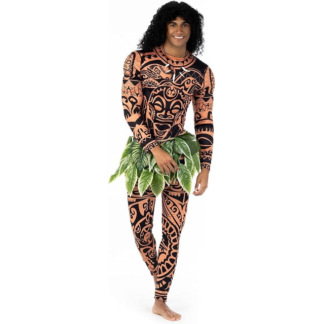 Maui Costume Boys/Man Halloween Cosplay Tattoo Shirt and Pants with Leaves Skirt