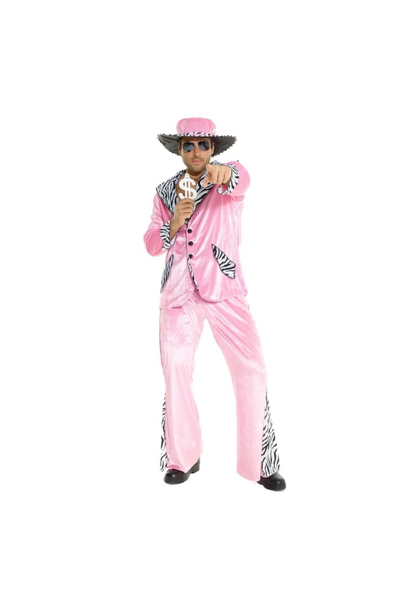 Mens Pink 70's Fancy Dress Costume Hat 1970s Velvet Suit Guys Party Halloween Pink L