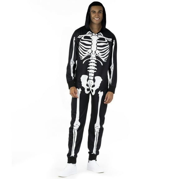 Morph Mens Skeleton Costume Adult One Piece Halloween Pajama Jumpsuit Halloween Black L