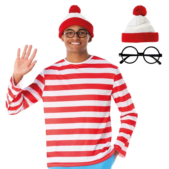 Morph Mens Wheres Wanderer Costume Set Adult Red White Stripe Book Character Halloween Red 2XL