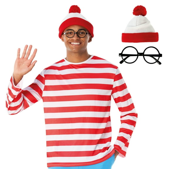 Morph Mens Wheres Wanderer Costume Set Adult Red White Stripe Book Character Halloween Red M