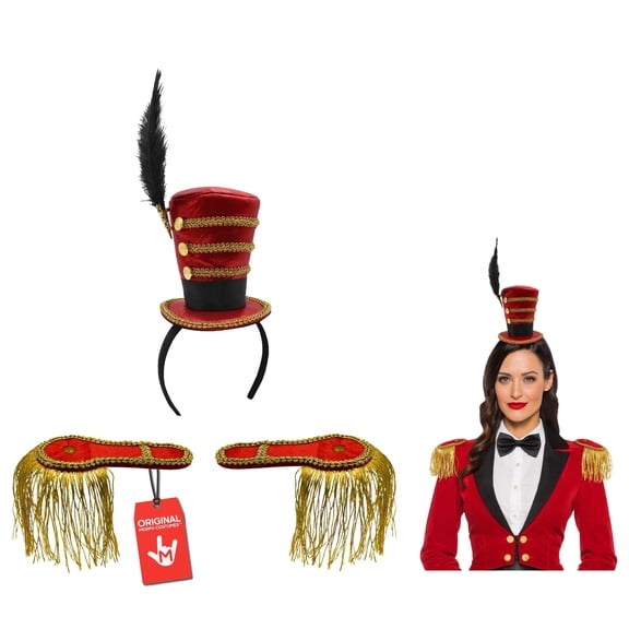 Morph Mini Ringmaster Hat And Black Shoulder Epaulettes Gold Fringe Costume Accessory (Red/Red)
