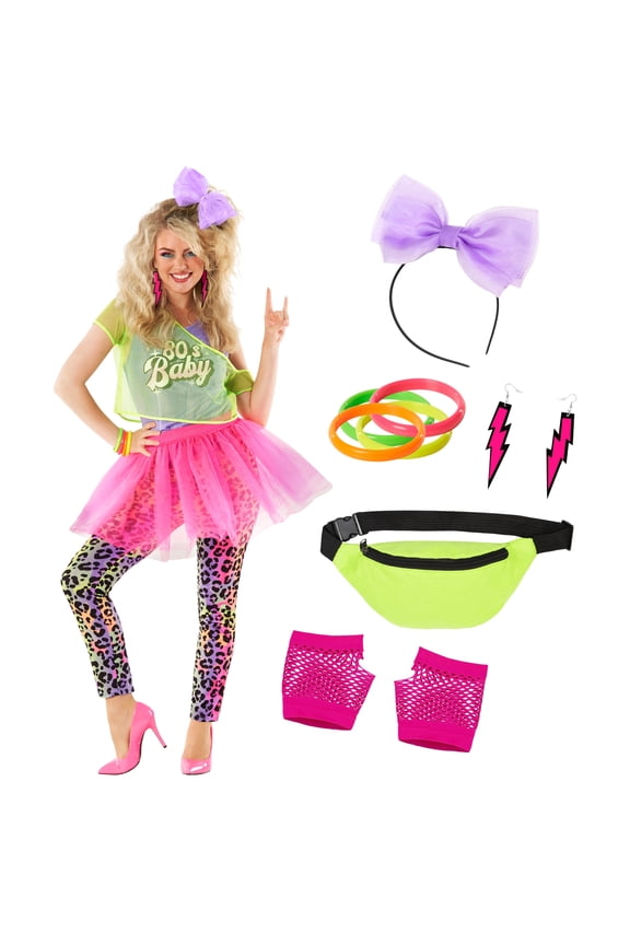80S Fancy Dress For Women, 1980S Costume With Accessories, Womens Halloween Costume, Retro Party Outfit Halloween Costume For Women Multicolored Large