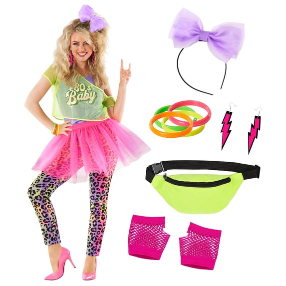 Morph Morph 80S Fancy Dress for Women, 1980S Costume with Accessories, Womens Halloween Costume, Retro Party Outfit Halloween Costume for Women Multicolored X-Large