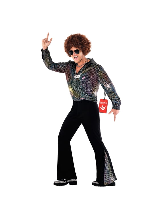 Disco Costume Men'S 70S Fancy Dress Hippie Outfit, 1970S Disco Costume for Men, Retro Party Attire Halloween Costume for Men Silver Large