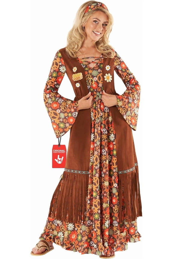 Hippie Costume Women 70S Fancy Dress, 60S Outfits, Retro Halloween Costume, Vintage Party Attire for Women Halloween Costume for Women Brown XX-Large