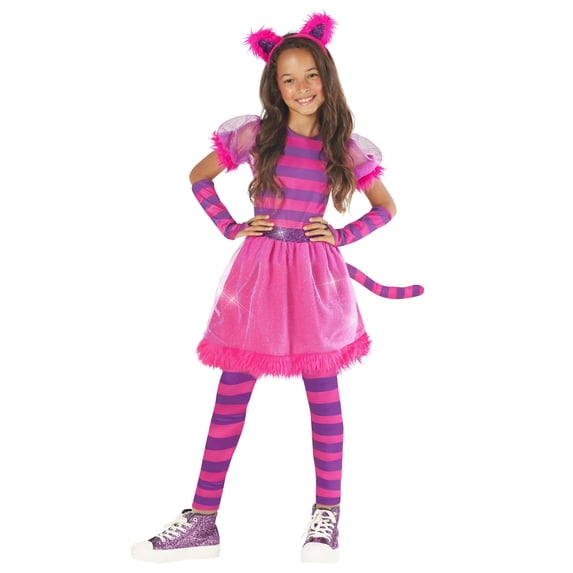 Morph Morph Pink Cat Costume for Girls - Striped Kids Halloween Costume - Purple Cat Outfit for Dress up Fun Halloween Costume for Girl Pink 10-12 Years