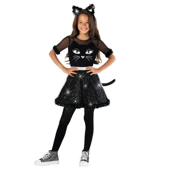 Morph Morph Sparkle Black Cat Costume For Kids Girls Halloween Dress Up, Fun Cat Outfit For Parties And Trick Or Treating Halloween Costume For Girl Black 10-12 Years
