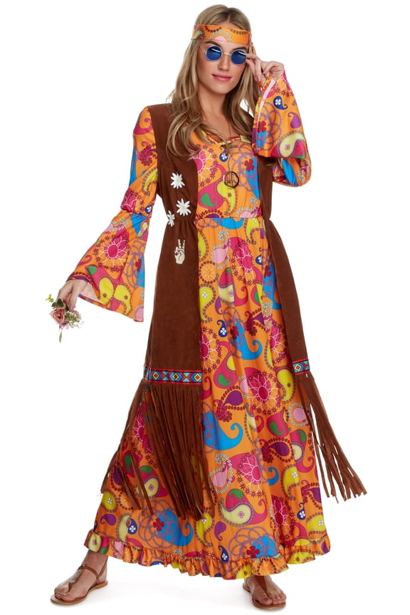 Womens 1960s Hippie Costume Ladies Hippy Fancy Dress Flower Child Halloween multicolor 2XL