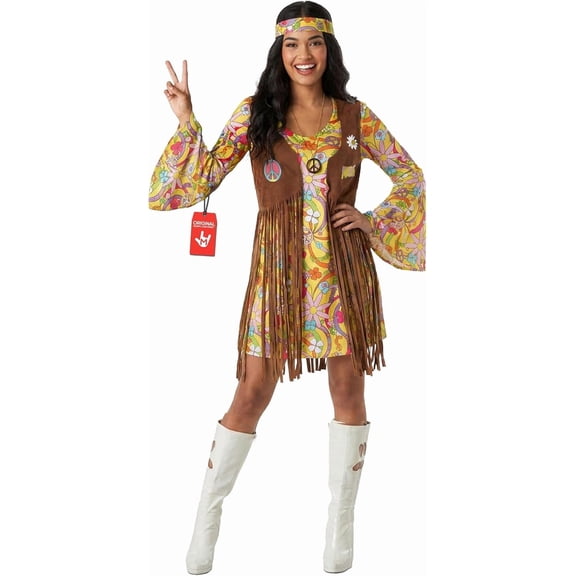 Morph Womens 1970s Hippie Costume Ladies 70s Flower Power Fancy Dress Halloween Yellow S
