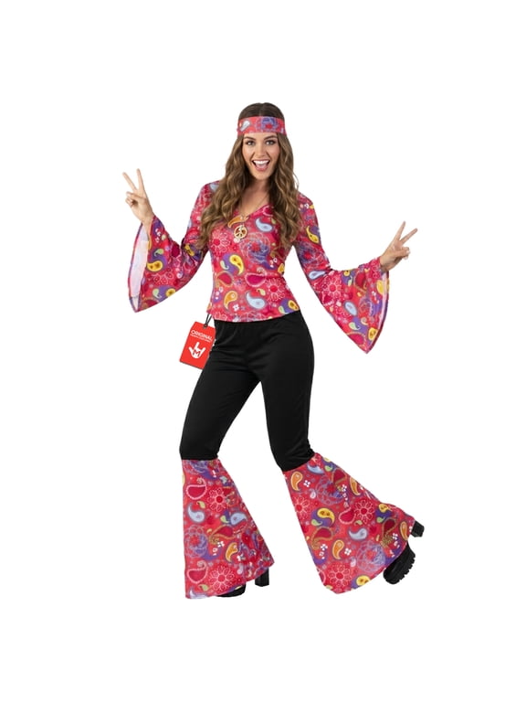 Womens 1970s Pink Hippie Flares Costume Ladies Disco Fancy Dress Birthday Multicolor XL