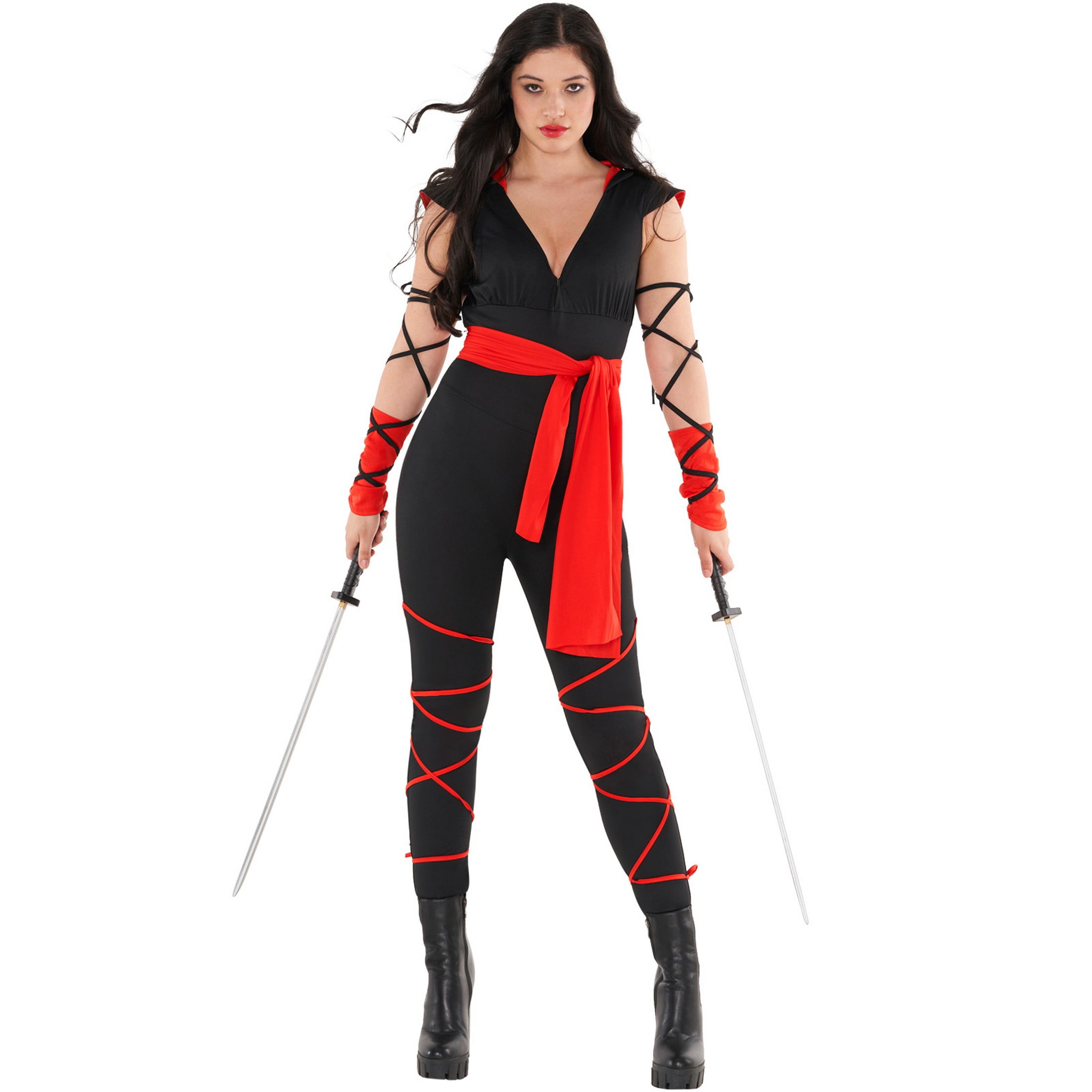 Morph Womens Black & Red Ninja Costume Ladies Warrior Halloween Fancy Dress  Jumpsuit Halloween Red S 