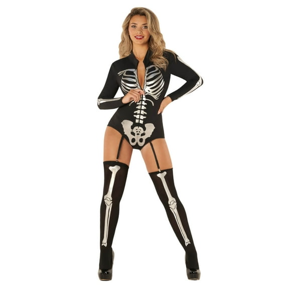 Morph Womens Skeleton Bodysuit Stocking Ladies Halloween Jumpsuit Costume Halloween Black XL
