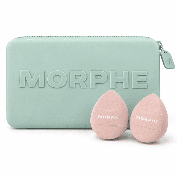 Morphe Makeup Bag & 2 Beauty Blending Sponges Set - Mint Green Zippered Cosmetic Travel Pouch With Pink Makeup Sponges - 3 Pieces