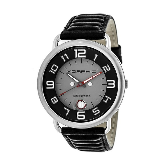 Morphic M49 Series Leather-Band Swiss Watch W/ Magnified Date - Black/Grey