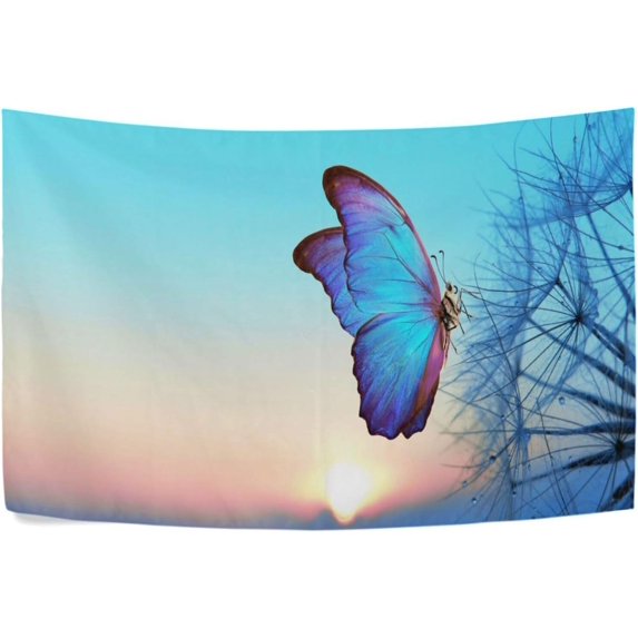 Morpho Butterfly Dandelion Tapestry Wall Hanging Tapestries Happy Colorful Hippie Psychedelic Art Polyester Carpet Wall Decorative for Living Room Bedroom 60x40inch