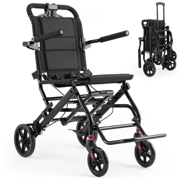 Morrean Lightweight Elderly Transport Wheelchair, Foldable Travel Wheelchair Portable Lightweight Folding Transfer Wheel Chair with Telescopic Handle & Locking Handbrake, 7.5" Rear Wheels