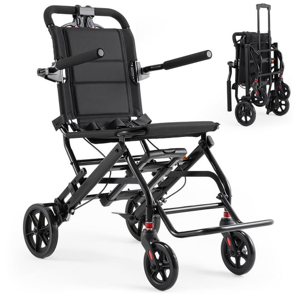 Morrean Lightweight Elderly Transport Wheelchair, Foldable Travel Wheelchair Portable Lightweight Folding Transfer Wheel Chair with Telescopic Handle & Locking Handbrake, 7.5" Rear Wheels
