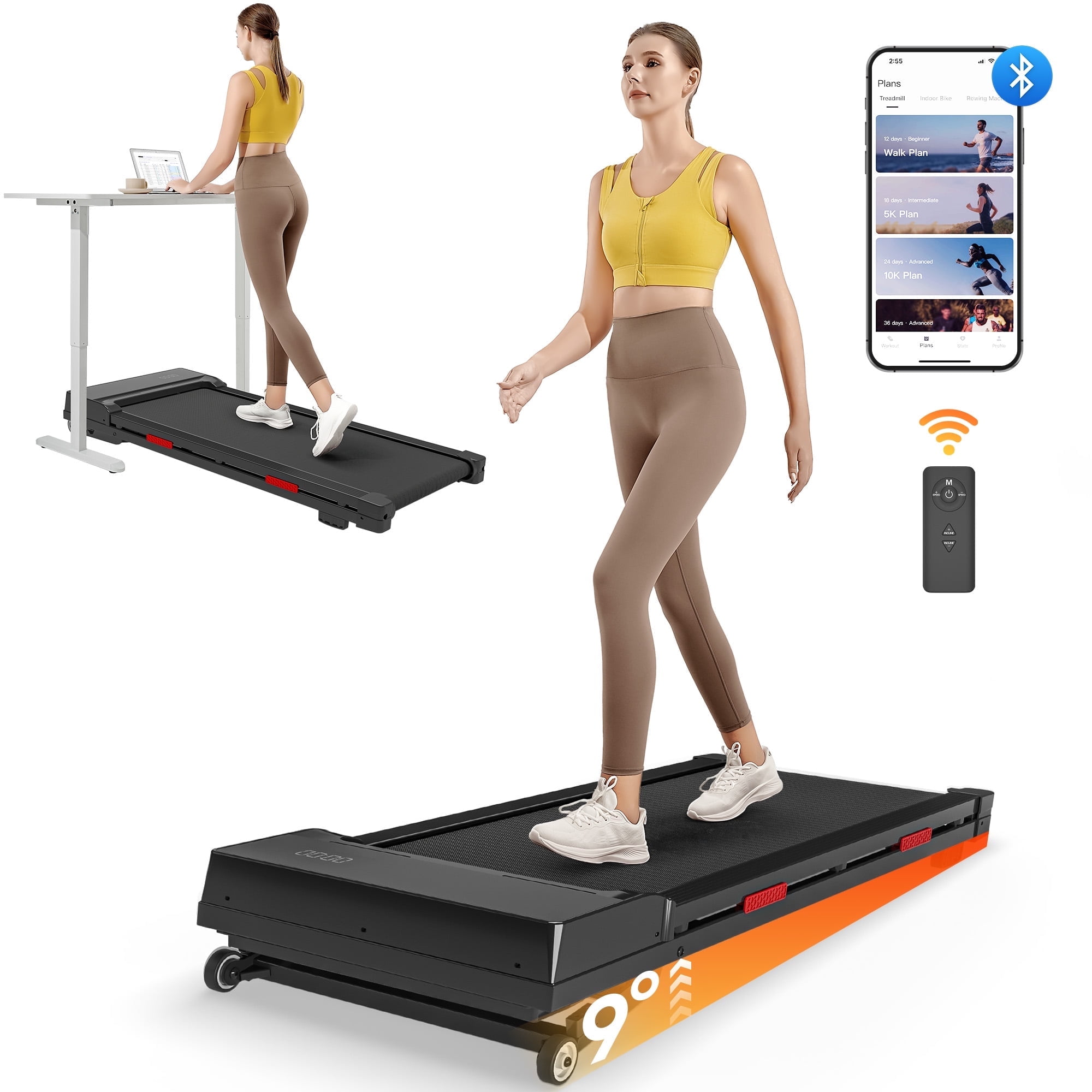 Morrean Walking Pad with Incline, 0.5-4mph Under Desk Treadmill with Remote Control & Smart APP, 2.5 HP Ultra-Quiet Walking and Jogging Machine for Office Home, Black