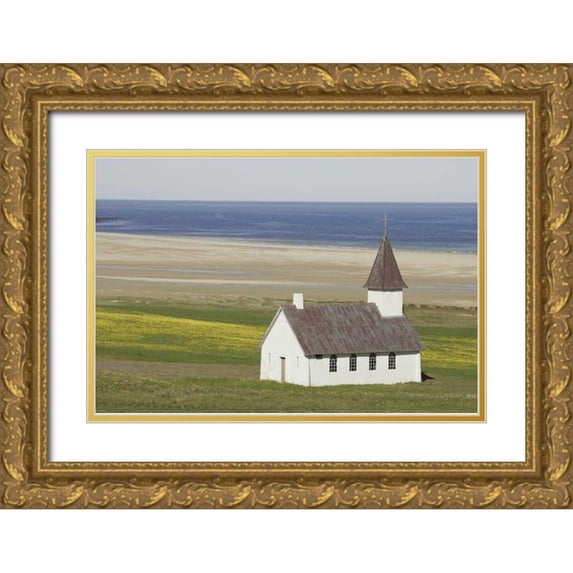 Morris, Arthur 18x13 Gold Ornate Wood Framed with Double Matting Museum Art Print Titled - Iceland Isolated Christian church near the beach