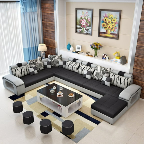 Morris Black and Light Grey Modular Tufted Sectional Microfiber-No Coffee Table