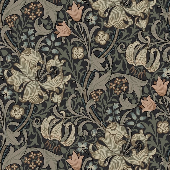 Morris & Co. Golden Lily Charcoal and Coral Peel and Stick Wallpaper