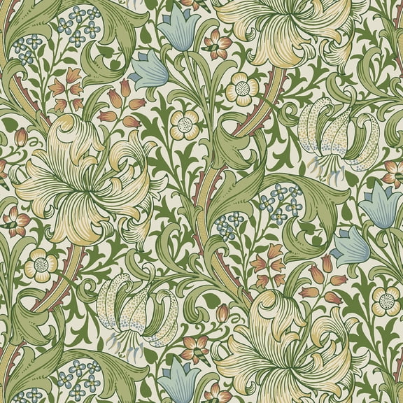 Morris & Co. Golden lily Boughs Green Peel and Stick Wallpaper