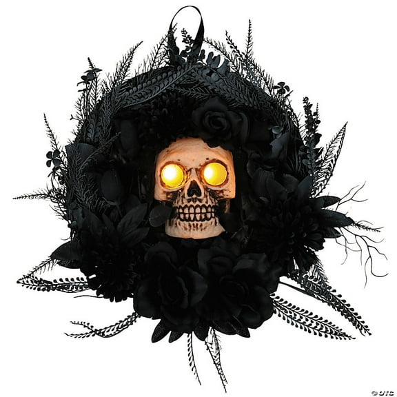 Morris Costumes - 15 3/4" Black Wreath with Light-Up Skull & Sound - One Size