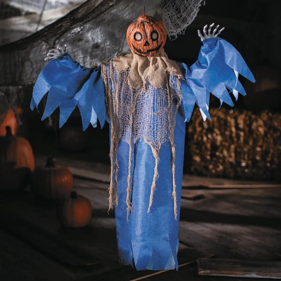 27 1/2" Hanging Blue & Burlap Pumpkin Man Halloween Decoration