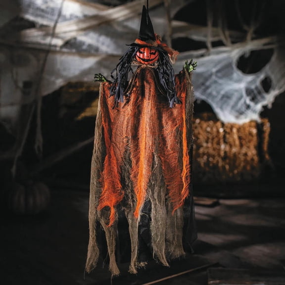 27 1/2" Hanging Orange Pumpkinhead Scarecrow with Hat Halloween Decoration