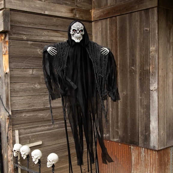 Morris Costumes 3.9 ft Animated & Light-Up Hanging Skeletal Reaper in Black Robes - Black