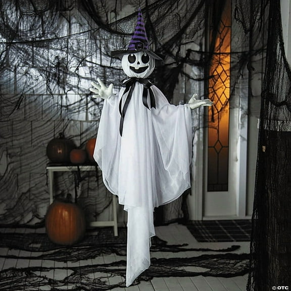 Morris Costumes - 39 1/4" Animated Hanging Smiling Ghost with Witch Hat & Black Bow Halloween Decoration - One Size